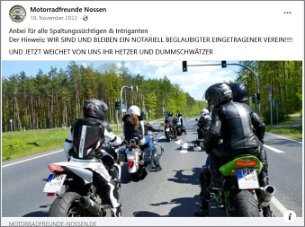 Kati Hofmann, Motorradfreunde Nossen: WEICHET VON UNS IHR HETZTER UND DUMMSCHWÄTZER