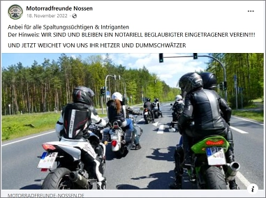 Kati Hofmann, Motorradfreunde Nossen: WEICHET VON UNS IHR HETZTER UND DUMMSCHWÄTZER